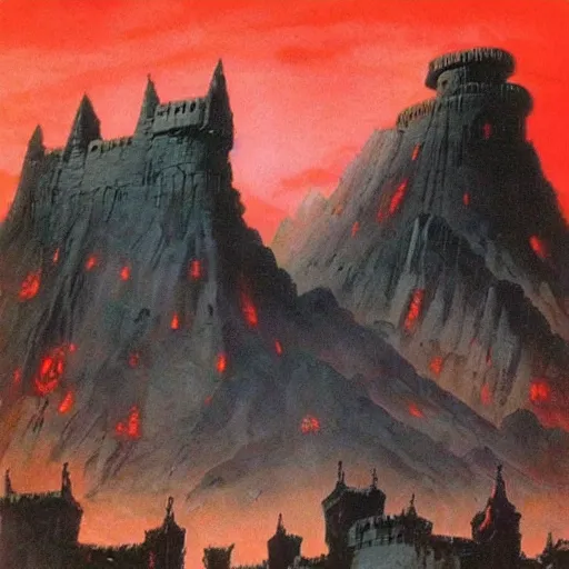 Image similar to an evil fortress, artwork by frank frazetta, red skies with evil glowing eyes