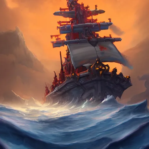 Image similar to arcane - style giant battleship, fire cannons, fire cannons. spear and axes, blue sea waves background, bright art masterpiece artstation. 8 k, sharp high quality artwork, concept art by tooth wu, blizzard warcraft artwork, hearthstone card artwork