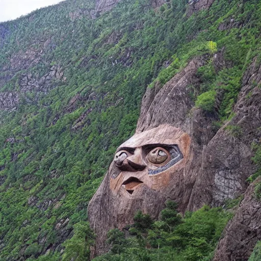 Image similar to a mountainside with paddington bear's face carved into it