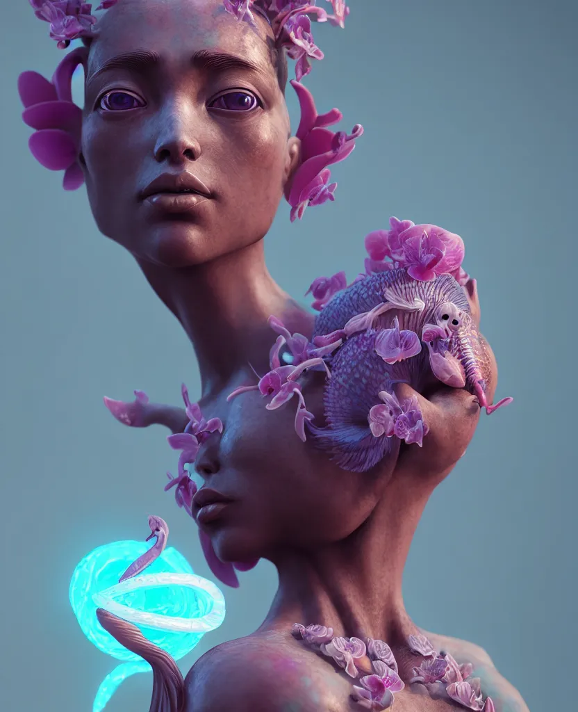 Image similar to goddess full painted acryllic sculpture close-up portrait. orchid bird betta fish, intricate artwork by Tooth Wu and wlop and beeple. octane render, trending on artstation, greg rutkowski very coherent symmetrical artwork. cinematic, hyper realism, high detail, octane render, 8k