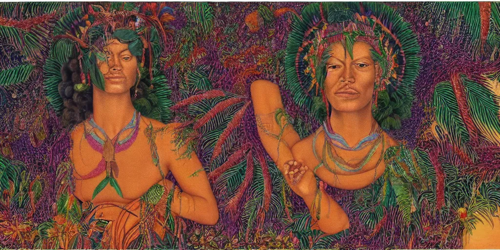 Prompt: very high resolution image. a beautiful tropical landscape, portrait of a spiritual ancestor. 2 4 mm, photorealistic, abstract, directed by mati klarwein