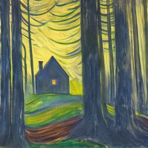 Image similar to a painting of a Eerie cabin in the middle of the woods in the Edvard Munch