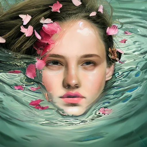 Image similar to epic portrait of a girls face laying in water, surrounded by loose petals, beautiful, high detail, concept art, realistic