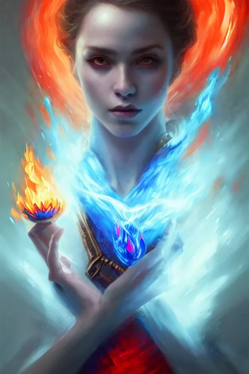 Image similar to Front portrait of mage hold a blue fire on right hand and red fire on the left hand, fine art, awesome fantasy book cover on Pinterest, award winning, dark fantasy landscape, fantasy magic, intricate, elegant, sharp focus, highly detailed, digital painting, concept art, art by WLOP and Artgerm and Greg Rutkowski, masterpiece, trending on artstation