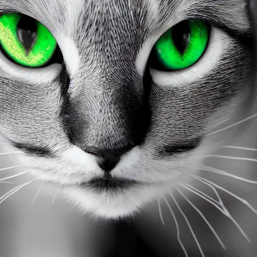 Image similar to a black and white cat highschool yearbook photo colorful bright green eyes, medium shot, hd, 8k, hyper-realism, detailed, octane 8k,