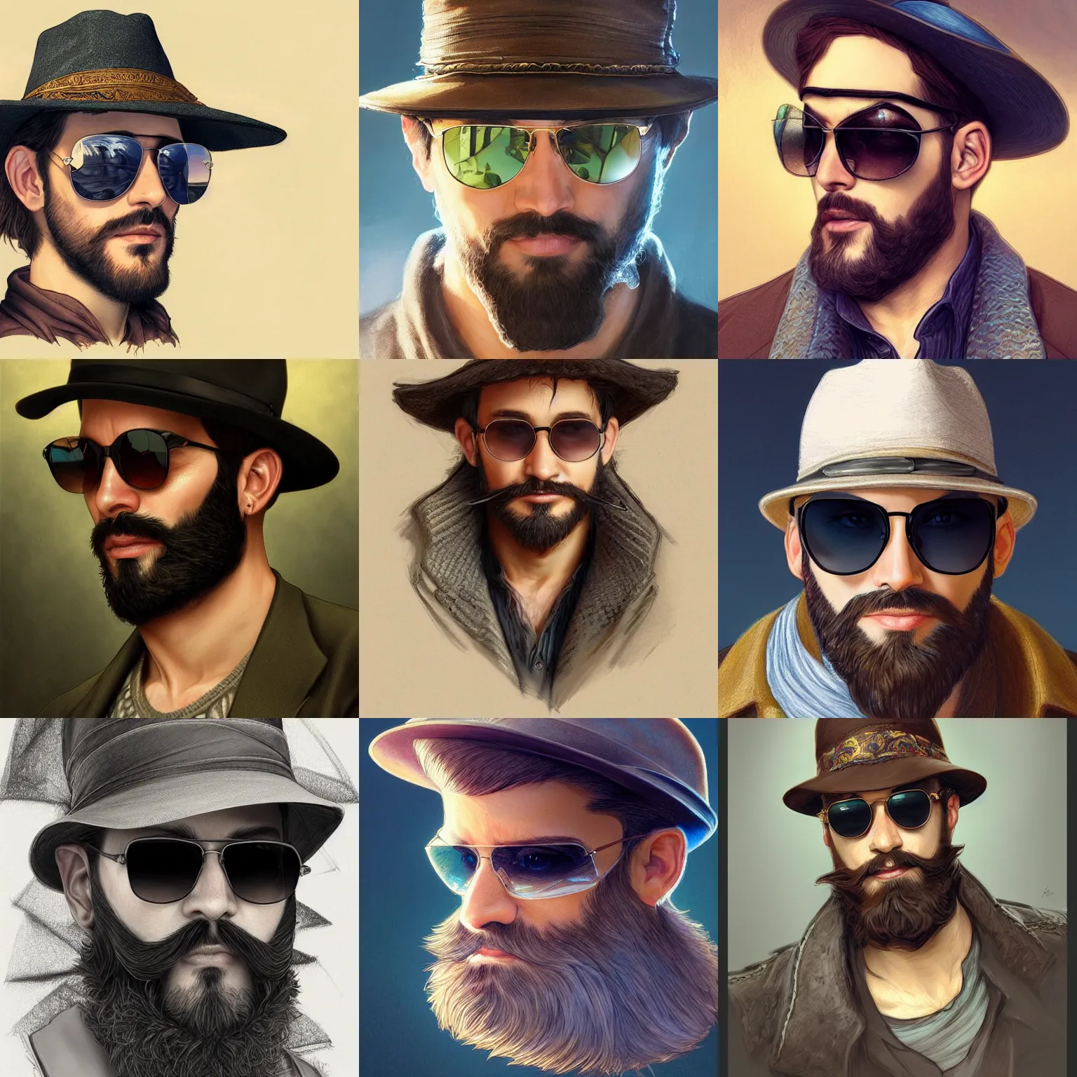 Prompt: an handsome man with a beard wearing a hat and sunglasses, Mark Edward Fischbach, intricate, highly detailed, digital painting, artstation, concept art, smooth, sharp focus, illustration, Unreal Engine 5, 8K, art by artgerm and greg rutkowski and alphonse mucha