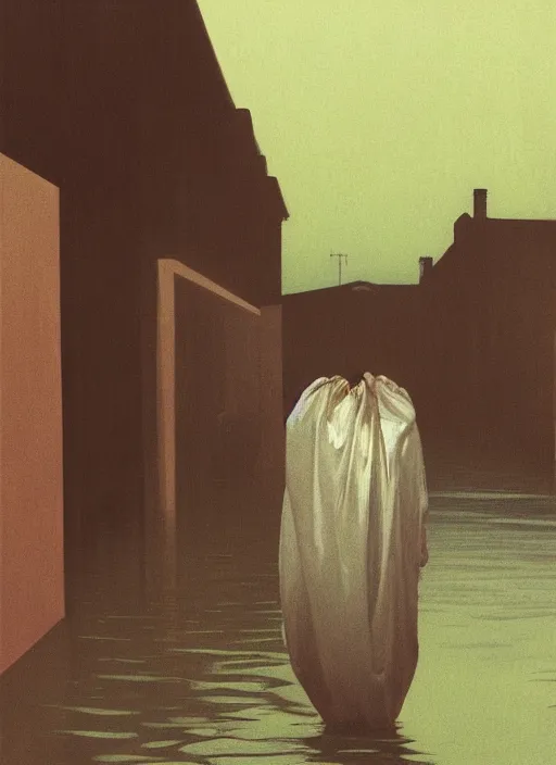 Image similar to woman dressed in transparent plastic bags, paper bags in hands and over the head, on flooded street Edward Hopper and James Gilleard, Zdzislaw Beksinski, highly detailed