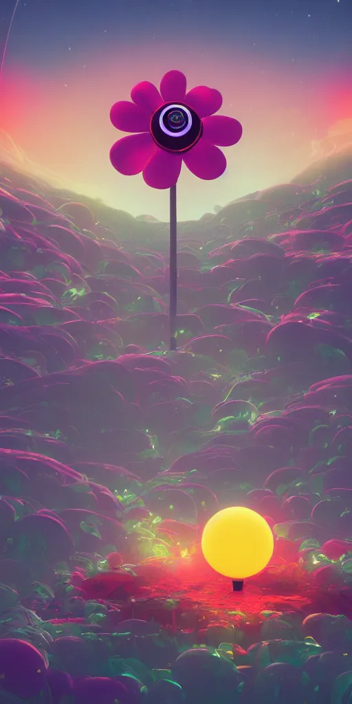 Prompt: humongous technologic flower on a dusky planet, spooky, retrowave, art by pixar, smooth, beautiful art, masterpiece, artistic landscape, cinematic, wet reflections, ray tracing x, rtx, smooth