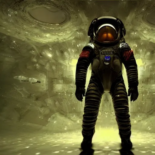 Prompt: concept art by craig mullins astronaut in futuristic dark and empty spaceship underwater. infrared complex and hyperdetailed technical suit. mandelbulb fractal. reflection and dispersion materials. rays and dispersion of light. volumetric light. 5 0 mm, f / 3 2. noise film photo. flash photography. unreal engine 4. glow lights. interstellar movie art