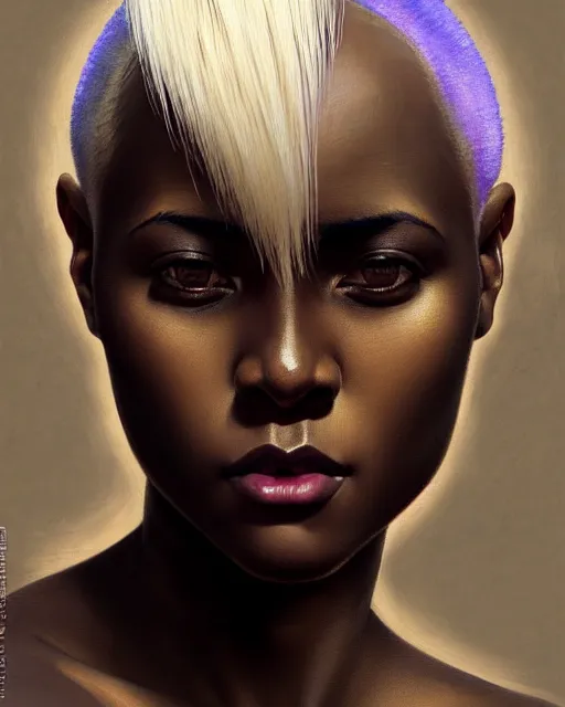 Prompt: african woman with platinum blonde buzzed hair, brown eyes, beautiful girl, close up portrait, moonlight, highkey, realistic, serov, surikov, vasnetsov, repin, kramskoi, paint texture, low aperature, insanely detailed, charlie bowater, tom bagshaw, octane rendered, unreal engine, illustration, trending on artstation, masterpiece