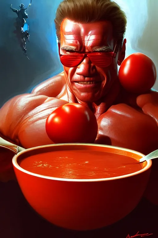 Image similar to arnold schwarzenegger in a tomato soup, hyper detailed, digital art, artstation, cinematic lighting, studio quality, smooth render, by peter mohrbacher, hajime sorayama, wayne barlowe, boris vallejo, aaron horkey, gaston bussiere, craig mullins