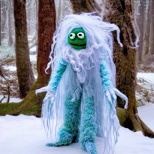 Image similar to a cute but unnerving fluffy humanoid ethereal ghost like live action muppet wraith like alien figure with a squid shaped parasite overtaking its head with four long tentacles for arms that flow gracefully at its sides while it floats around the frozen woods searching for lost souls and that hides amongst the shadows in the trees, this character can control the ice and snow and has mastery of the shadows, it is a real muppet by sesame street, photo realistic, real, realistic, felt, stopmotion, photography, sesame street