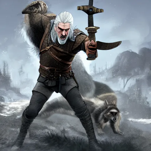 Image similar to geralt of rivia vs a giant racoon, digital art