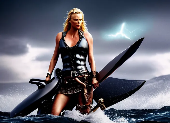 Image similar to dramatic photo of charlize theron as a viking women with weapons riding on a jet ski, wearing skin - tight futuristic valkerie bikini, rough seas in background, lightning storms, water world, mad max, hyper - realistic, highly detailed, accurate, 8 k octane render, 2 8 mm, wide angle, rule of thirds