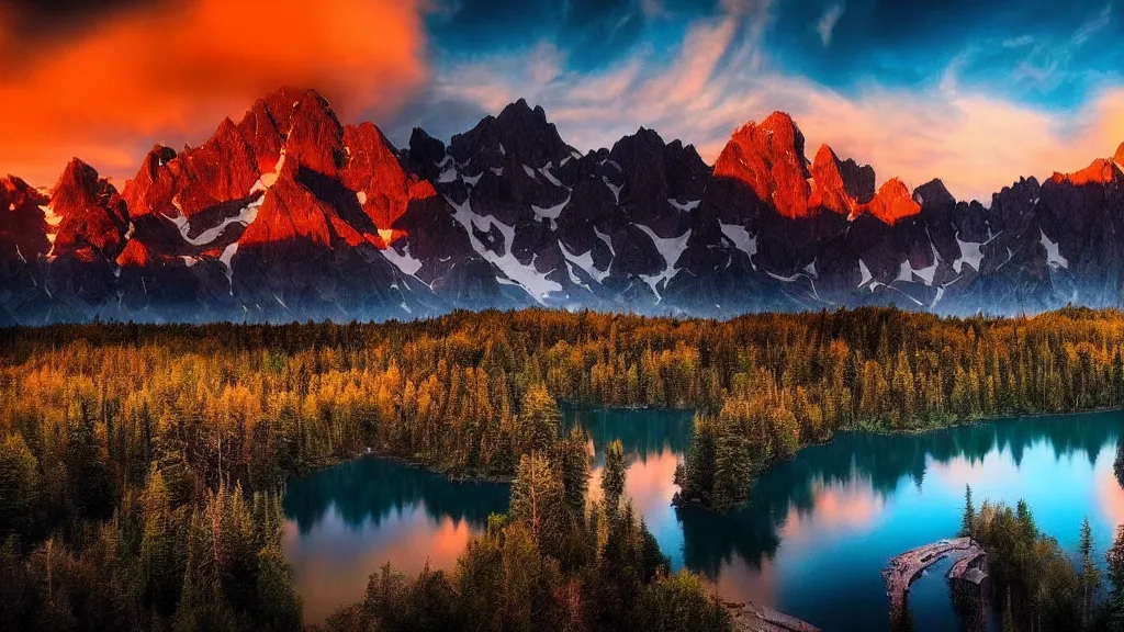 Image similar to amazing landscape photo of mountains with lake in sunset by marc adamus, beautiful dramatic lighting