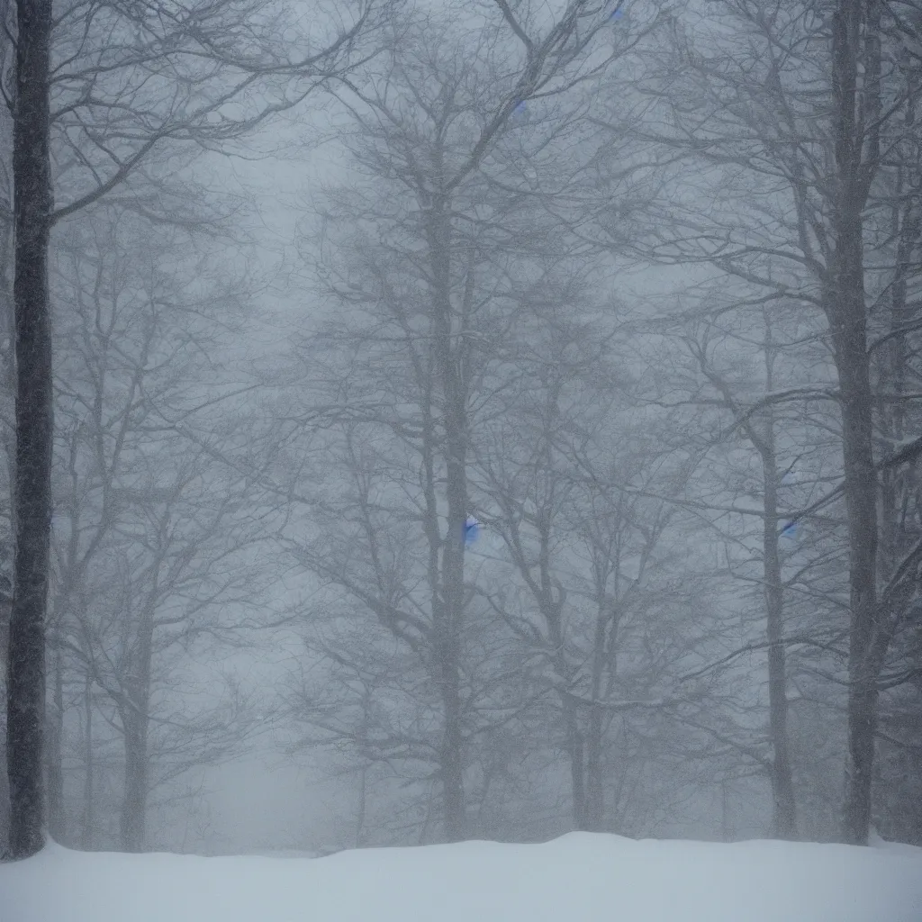 Image similar to photo, bigfoot is hiding in the background. cold color temperature, snow storm. hazy atmosphere. humidity haze. kodak ektachrome, greenish expired film, award winning, low contrast