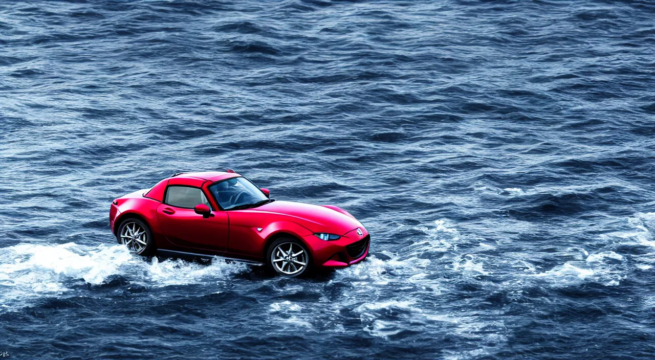Image similar to mazda miata driving ontop of the ocean, realistic, detailed, contrast, 4 k