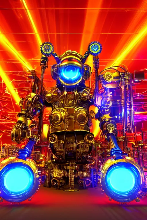 Prompt: portrait photo of a giant huge golden and blue metal futuristic steampunk robot covered with multicolored big gears and tubes, a red electric guitar, eyes are glowing red lightbulbs, shiny crisp finish, 3 d render, 8 k, insaneley detailed, fluorescent colors, background is multicolored lasershow