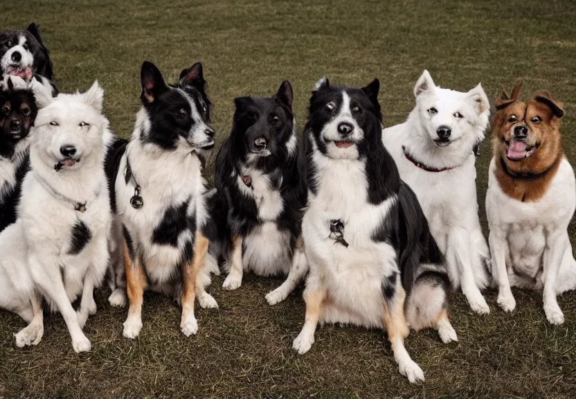 Prompt: portrait of a group of pensive, studious dogs sit together in a circle, high resolution photograph