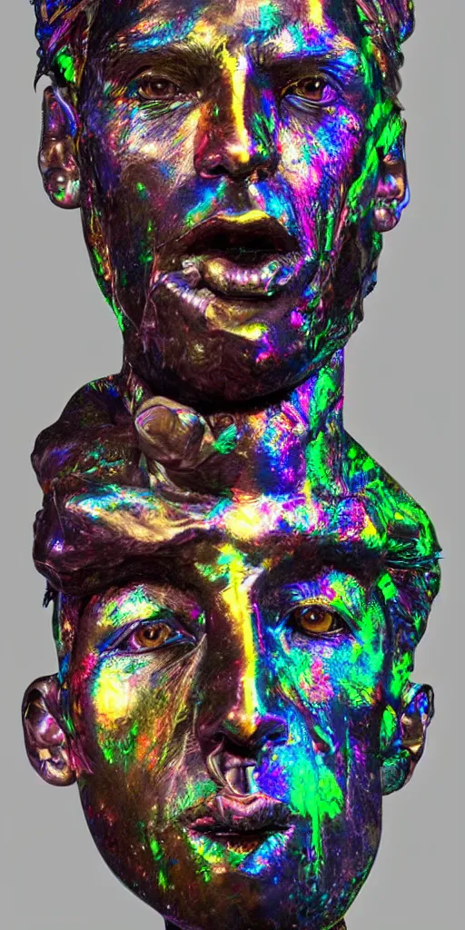 Prompt: Beautiful hyperrealistic colorful Studio photograph of a Figurative Sculpture of a Man who has an Evil Doppelganger made of Polished Iridescent Black Opal Portrait Sculpture and Prismatic Geometric Glass sculpted by Gian Lorenzo Bernini in a Bright Gallery, Bright shocking detail hyperrealistic trending on artstation