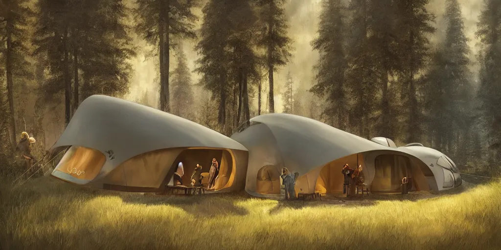 Image similar to cabela's tent futuristic pop up family pod, cabin, modular, person in foreground, mountainous forested wilderness open fields, beautiful views, painterly concept art, joanna gaines, environmental concept art, farmhouse, magnolia, concept art illustration by ross tran, by james gurney, by craig mullins, by greg rutkowski trending on artstation