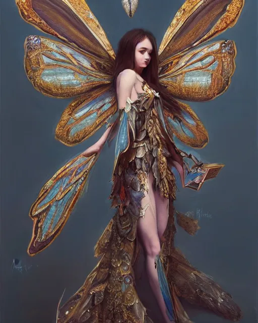 Image similar to Moth Fairy Maiden with large moth like wings wearing ornate dress by Ruan Jia and Andrei Riabovitchev, featured on Artstation, Hyperdetailed, stylized, realistic oil on linen, masterpiece, fantasy, dark academia