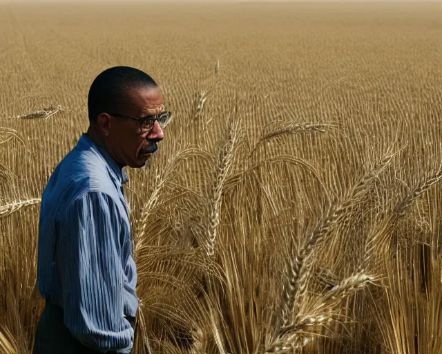 Image similar to walter white and gustavo fring facing each other in a wheat field, long shot, side view, 3 5 mm photograph, 8 k resolution, wide shot, sharp lens