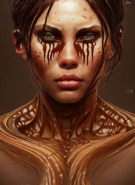 Image similar to female black and brown venom, naturel, hyper detailed, digital art, trending in artstation, cinematic lighting, studio quality, smooth render, unreal engine 5 rendered, octane rendered, art style by klimt and nixeu and ian sprigger and wlop and krenz cushart