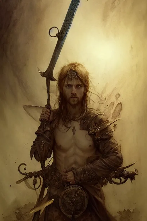 Image similar to arthur and the excalibur sword | esoteric symbolism | jean - baptiste monge, esao andrews, bastien lecouffe - deharme, tim jacobus, ken currie | ultra - detailed realism, soft cinematic lighting, hi - fructose, artstation, high - quality, ink watercolors wes anderson poster art