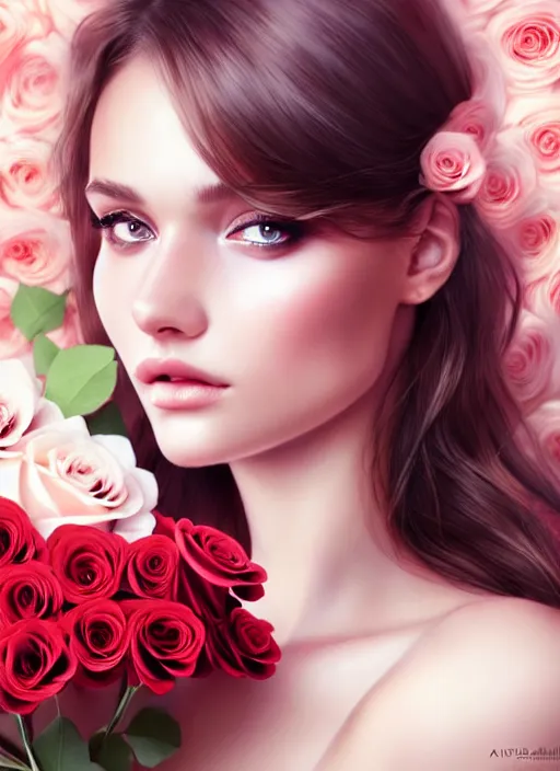 Image similar to a gorgeous female photo, professionally retouched, soft lighting, holding a bouquet of roses, realistic, smooth face, perfect eyes, wide angle, sharp focus on eyes, 8 k high definition, insanely detailed, intricate, elegant, art by artgerm and wlop