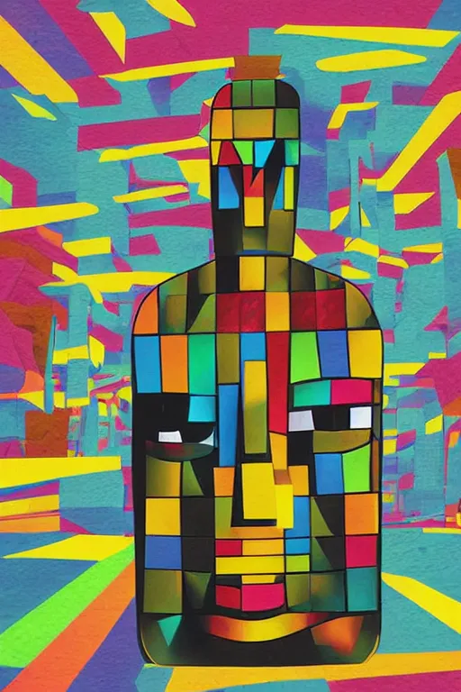 Image similar to cubist moai statue cutout digital illustration cartoon colorful beeple