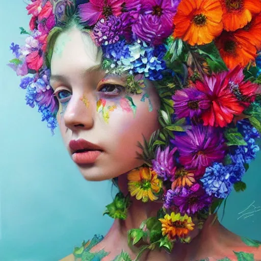 Image similar to super realistic painting of a human combined with flowers, colorful, highly detailed, 4k, trending on artstation