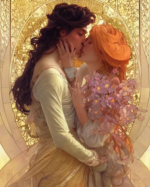 Image similar to the kiss | highly detailed | high coherence | very intricate | art nouveau | gold filigree | romantic storybook fantasy | soft cinematic lighting | award - winning | painted by mandy jurgens and alphonse mucha and alena aenami | pastel color palette | featured on artstation