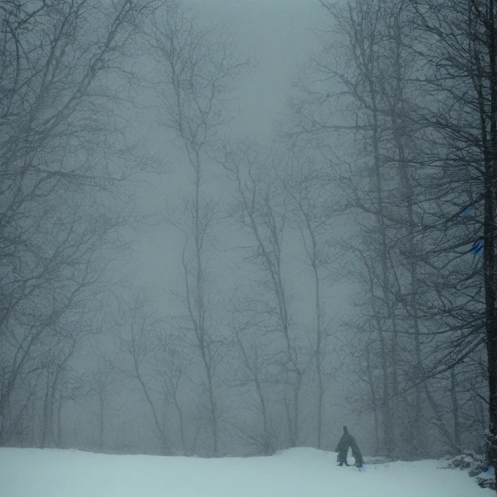 Image similar to photo, bigfoot is hiding in the background. cold color temperature, snow storm. hazy atmosphere. humidity haze. kodak ektachrome, greenish expired film, award winning, low contrast