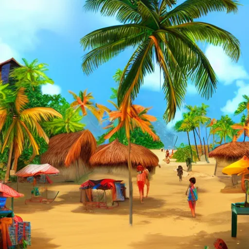 Image similar to a village on a tropical island, very colorful, beach, palms, trending on artstation