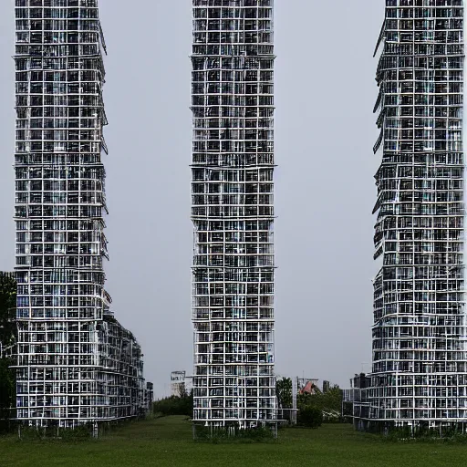 Image similar to multiple towers made up of squatter housing, sony a 7 r 3, f 2 2, fully frontal view, photographed by wolfgang tillmans, ultra detailed,