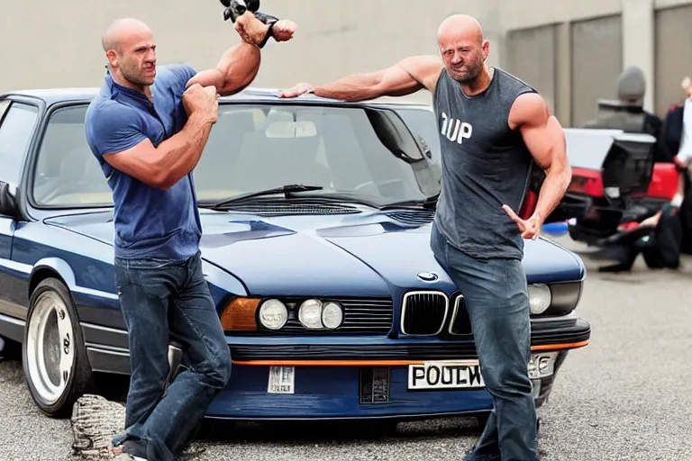 Image similar to Angry Jason Statham lifts BMW e30 in his arms,