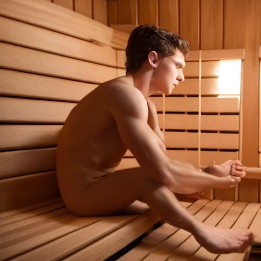 Image similar to Tom Holland, sitting in a sauna. Canadian landscape can be seen through the window. Movie still frame. 4K UHD.