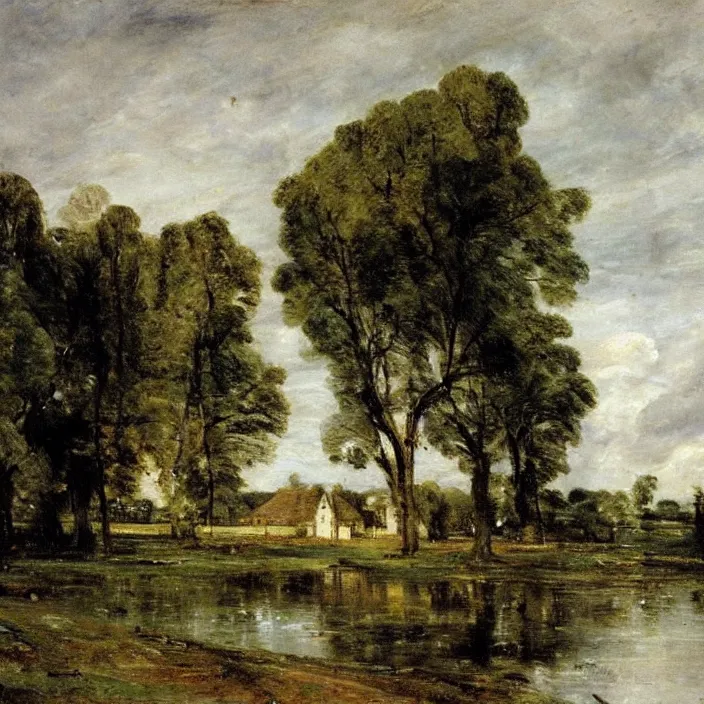 Image similar to a building in a serene landscape, by john constable