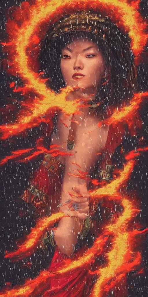 Image similar to shaman dancing under a rain of fire and ruby, art by Hirano Miho and Kotak Bella and Kawase Hasui and Keene Lisa, Trending on artstation