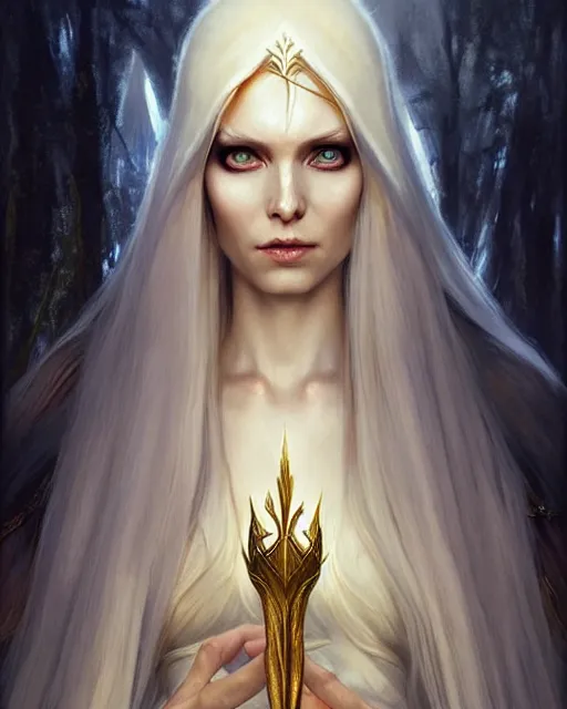 Prompt: tall slender elven queen sitting on the throne, full body, long white hair, pale skin, golden coloured eyes | | realistic shaded, fine details, fine - face, realistic shaded lighting poster by greg rutkowski, magali villeneuve, artgerm, jeremy lipkin, michael garmash, rob rey