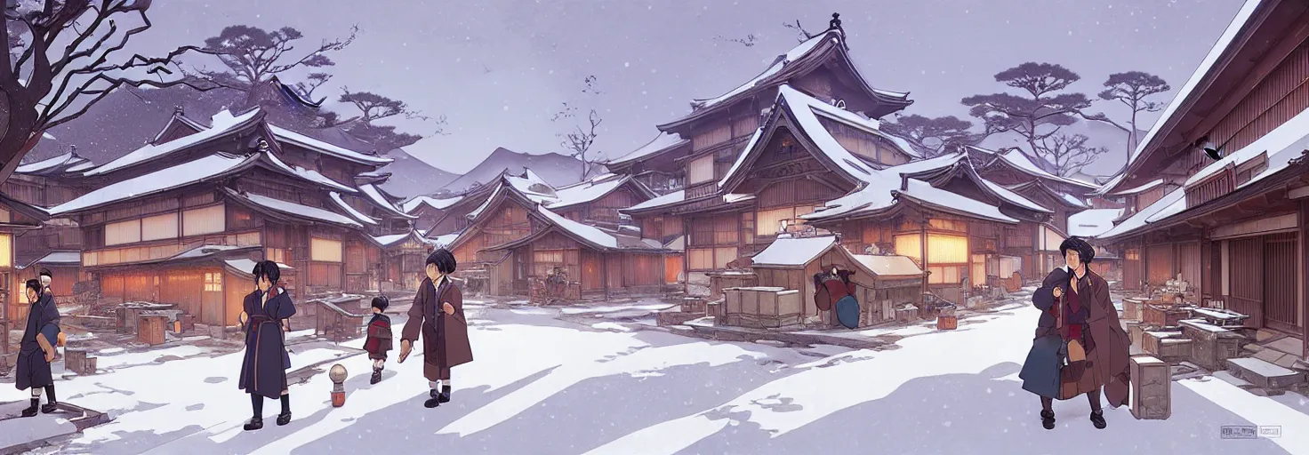 Image similar to japanese rural town, winter, in the style of studio ghibli, j. c. leyendecker, greg rutkowski, artem