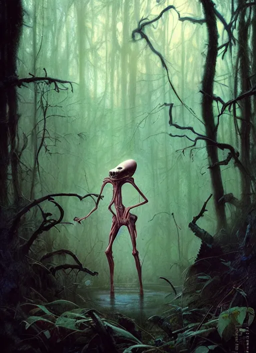 Image similar to hyper realistic spooky alien in the woods in a river gorgeous lighting, lush forest foliage blue sky a hyper realistic painting by chiara bautista and beksinski and norman rockwell and greg rutkowski, tom bagshaw weta studio, and lucasfilm