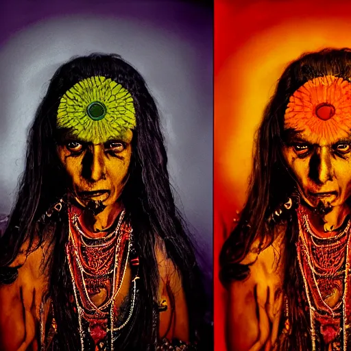 Image similar to realistic exposed expired fuji film portrait of aghori tantrik india woman, tentacled creature mix, marigold celestial vibe, hyperrealism, hypermaxiymalism, photorealistic, detailed, atmospheric, 8 k, award winning photography, cinematic