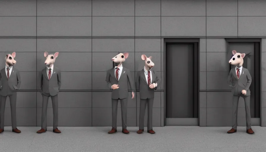 Prompt: anthropomorphic rats in suits waiting for the train, photorealistic rendering, concept art