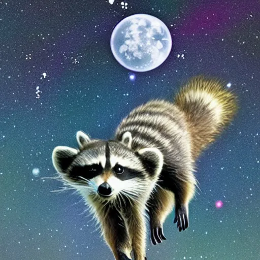 Image similar to raccoon flying through the cosmos