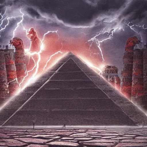 Prompt: Very muscular Devil, red fire eyes, guarding the entrance of the pyramid of Cheops, dessert, ancient world, realistic, god, dramatic lightning, very detailed, concept art