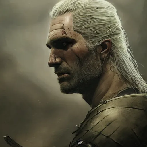 Prompt: a wounded geralt of rivia, close up, portrait, sinister atmospheric lighting. highly detailed painting by greg rutkowski, anime style