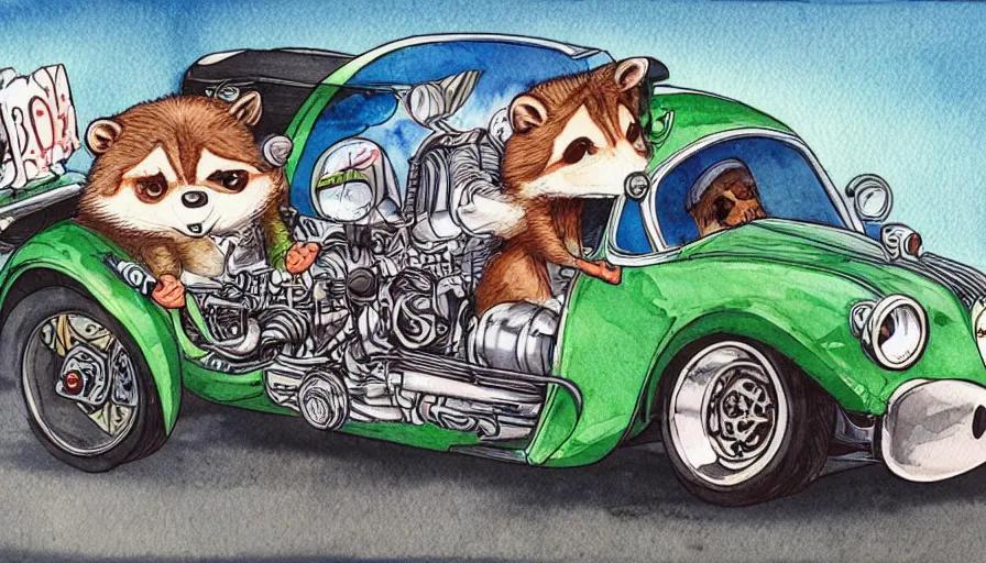 Image similar to cute and funny, racoon riding in a tiny hot rod coupe with oversized engine, ratfink style by ed roth, centered award winning watercolor pen illustration, by chihiro iwasaki, edited by range murata