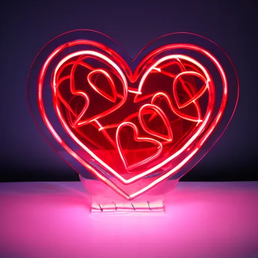 Prompt: Glass Sculpture of a heart, red neon lights inside it, love, uplifting, realistic, transparent, 16k